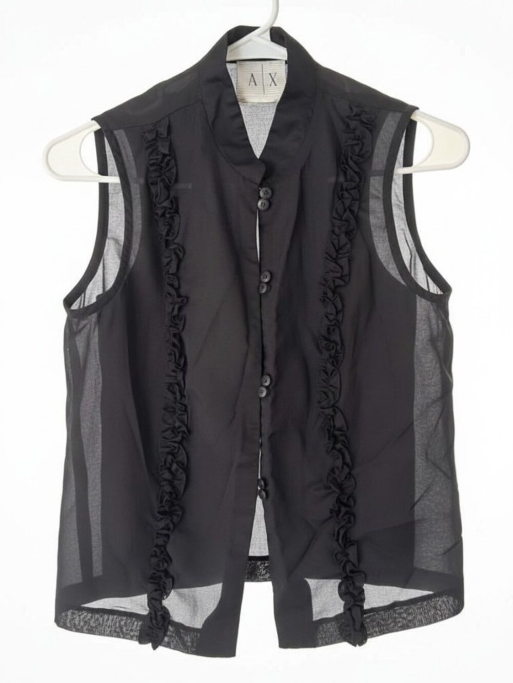 AX Armani Exchange Sheer Button Front Ruffle Blouse Top S